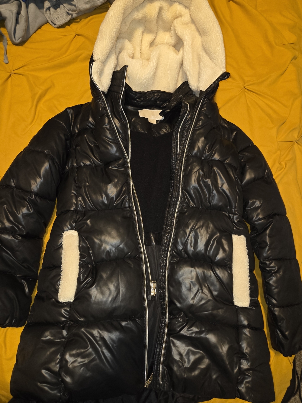 Michael Kors Black Puffer Coat with Cream Sherpa Trim